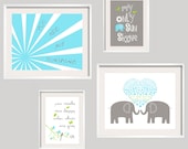 Aqua and Gray Nursery art prints, You are my sunshine prints with little birds and elephant, Set of 4 - 8x10  and 5x7 FREE SHIPPING