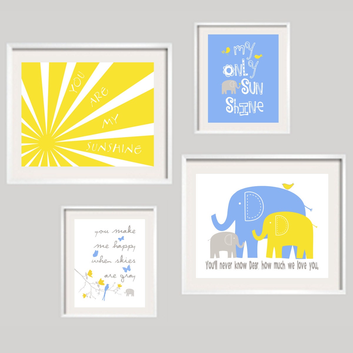 Kids Wall Art You Are My Sunshine Blue and Yellow Nursery Decor 8x10 and 5x7 - Eclectic Nursery or Toddler Girl Wall Art - YassisPlace