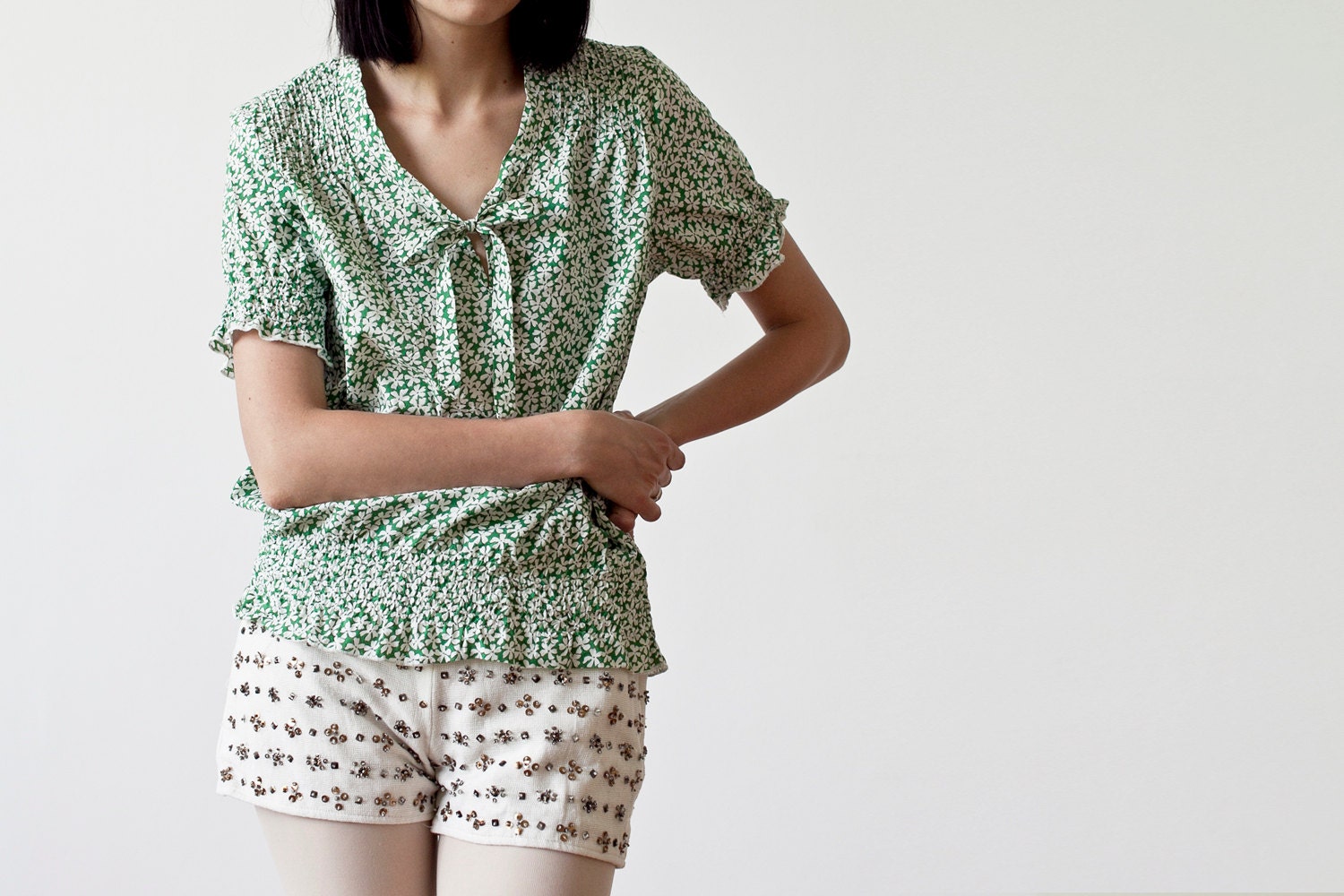 Green and White Floral Vintage Blouse