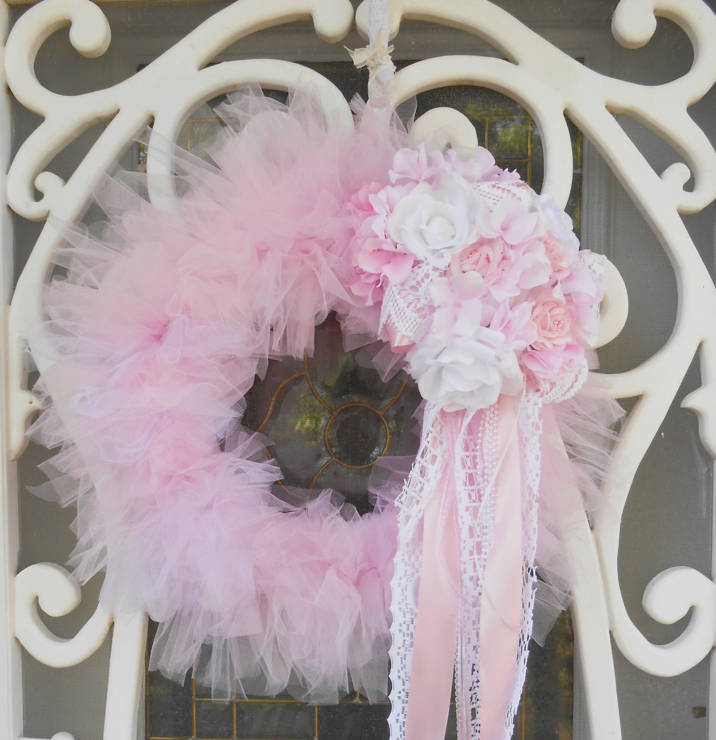 Pink Princess Lace Rose Spring Wreath White Marie Antoinette Floral Lace Tulle Candy Bridal Victorian Spring  SCT