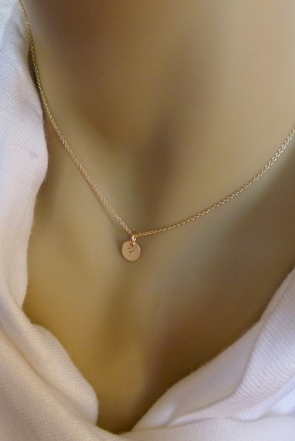 Tiny Gold Initial Necklace - 14k gold filled oval hand stamped disc - Gold Dot