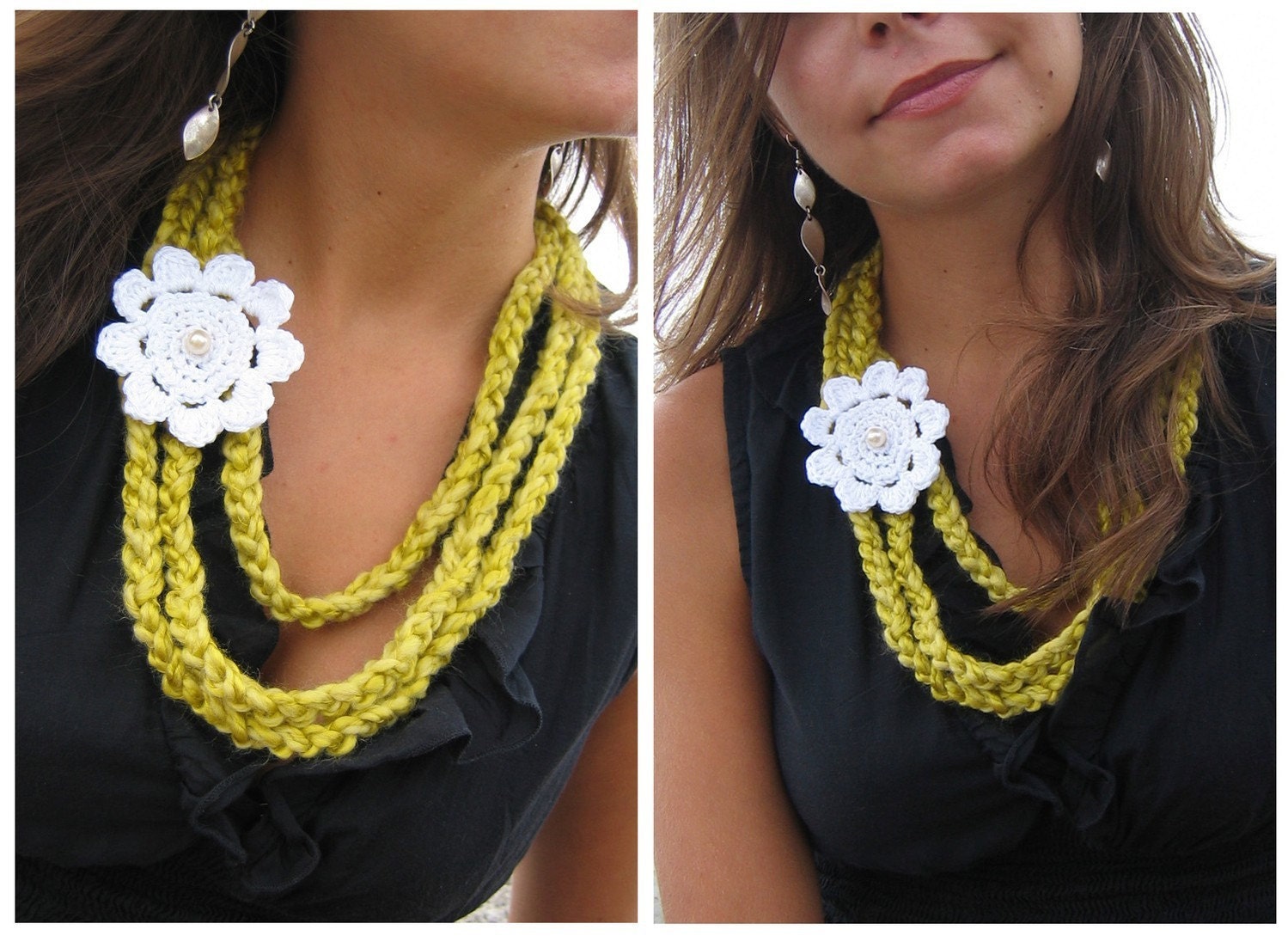 Mustard Crochet Necklace - Yellow Mustard Crochet Strand Necklace with White Flower