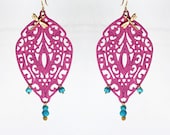 Moroccan  Pink  filigree earrings. Turquoise and gold vermeil accent  teardrop,  Indie jewelry in patinated brass, with gold plated wire