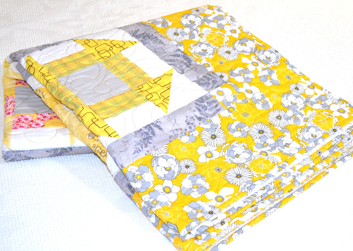 Twin Patchwork Quilt, Yellow Gray Quilt, Modern Quilt, Lap Quilt