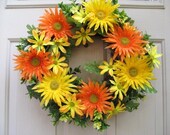 Spring Wreath, Daisy Door Wreath, Gerbera Daisies Wreath, Orange Wreath, Yellow Wreath, Summer Wreath