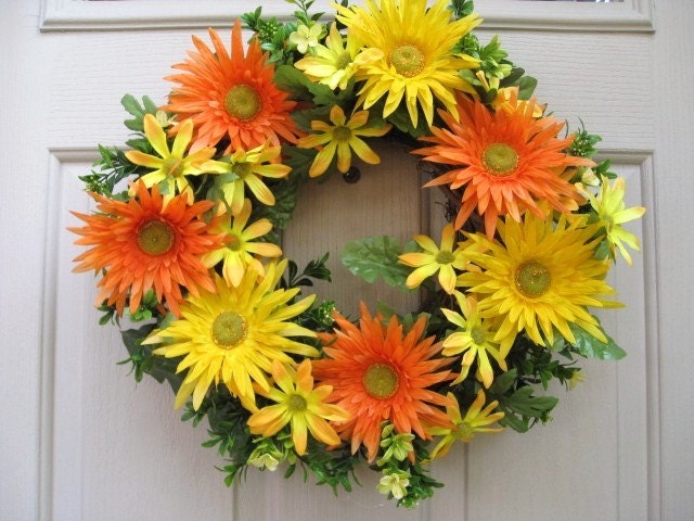 Spring Wreath, Daisy Door Wreath, Gerbera Daisies Wreath, Orange Wreath, Yellow Wreath, Summer Wreath