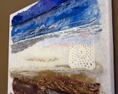 fiber art wall hanging mixed media textile textured art modern contemporary needle felted 11 X 14 earth & sky abstract original brown blue
