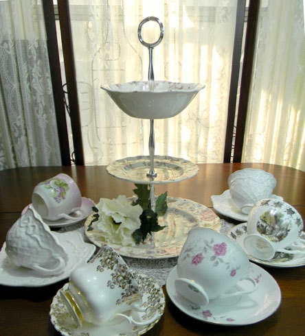 6 Matching Sets Cups and Saucers Lot - Tea Party or Vintage Wedding Favors - Bulk Teacups  - Tiered Tidbit Tray 9262