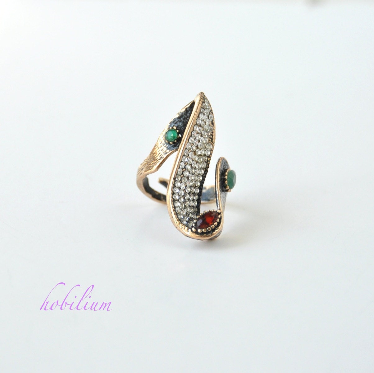 emerald Vintage Ottoman Style Dome Ring with Rhinestones