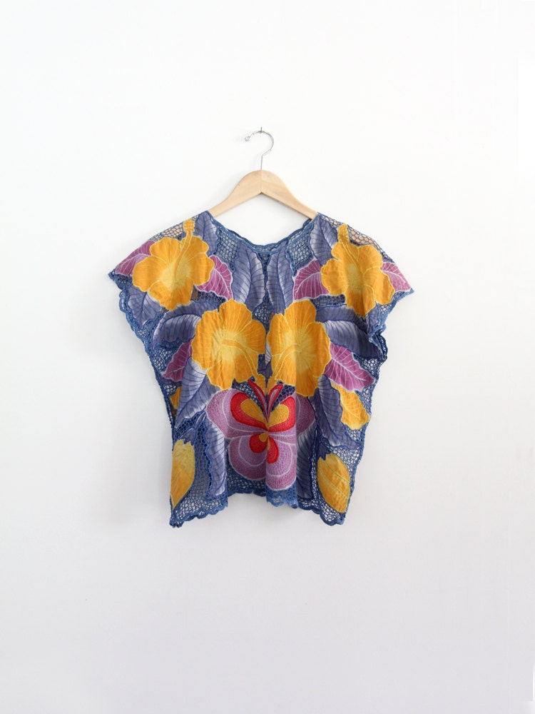 Vintage Mesh Butterfly Top / 1970s Applique Top