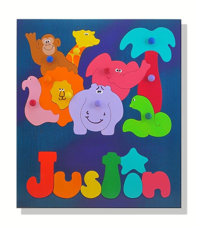 Wooden Name Puzzle with Knobs African Zoo Animals