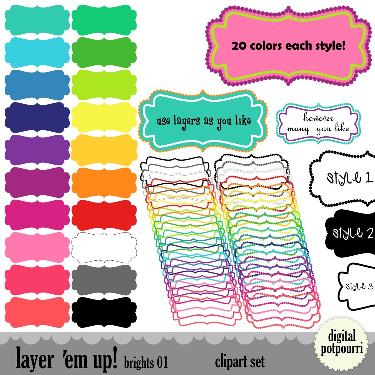 INSTANT DOWNLOAD digital frames labels for scrapbooking - layer em up brights01 - set of 60 buy2get1