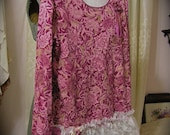 Pink Cotton Top, white ruffle lace hem, upcycled clothing shirt, altered clothing LARGE