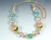 Pink Rose Tensha Necklace with Pastel Crystals