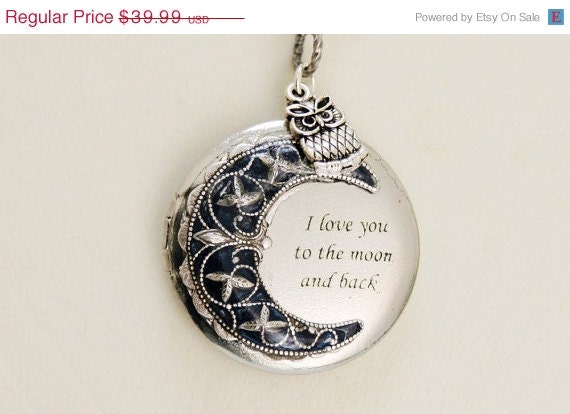 ON SALE Locket,Owl Locket,Moonlight Owl,Silver locket-I love you to the moon and back ,Bridesmaid Necklace,Wedding Necklace,Valentines Day