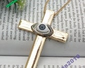 Pretty retro gold 3d cross with silver Angel Eyes necklace pendant jewelry vintage style