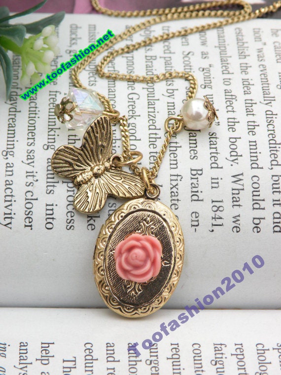 Pretty retro gold 3d can open oval locket with pink flower pendant necklace vintage style