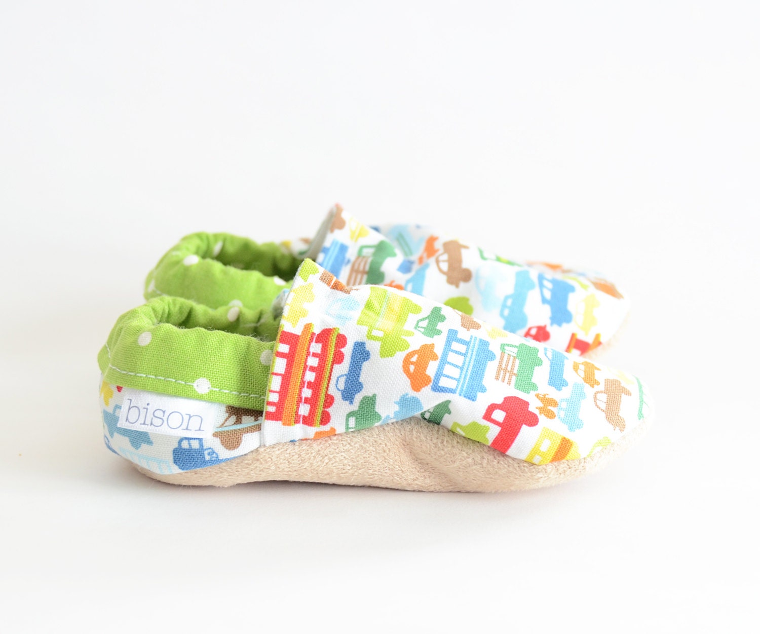 Beep Beep Cars Bison Booties Size 18 to 24 Months Toddler Chid cloth vegan slippers Ready to Ship