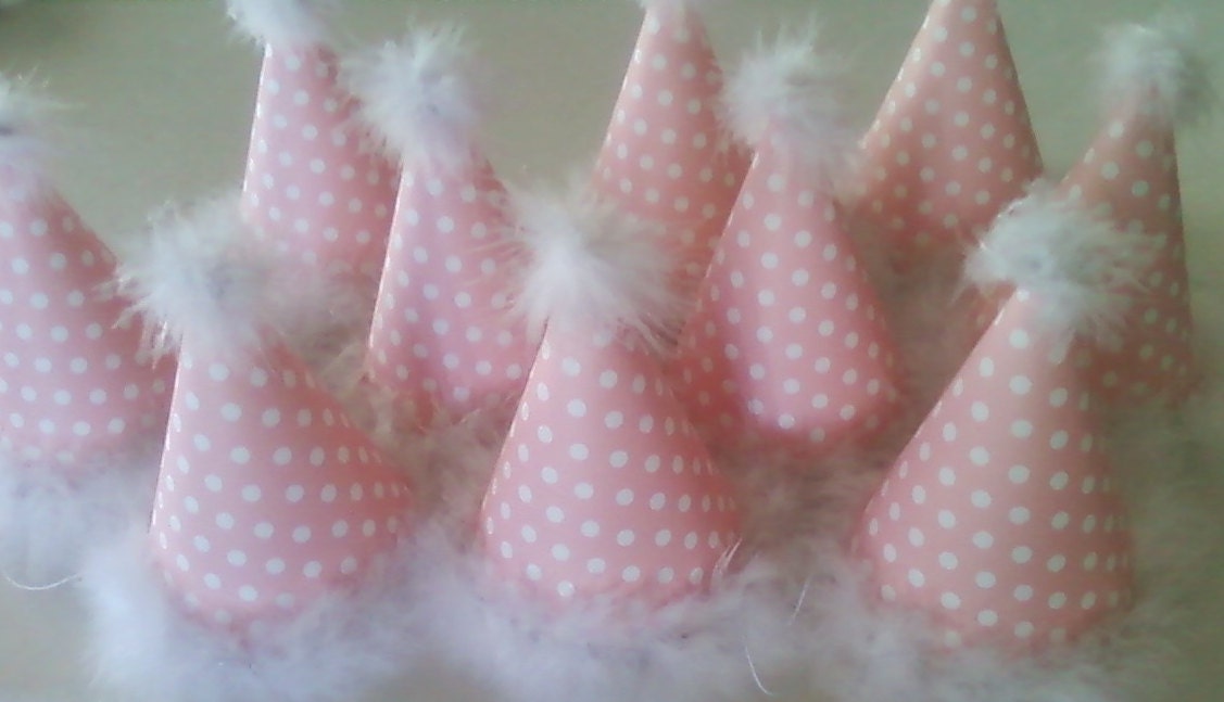 PINK and WHITE Polka Dot Party Hats with Marabou trim (Set of 5)
