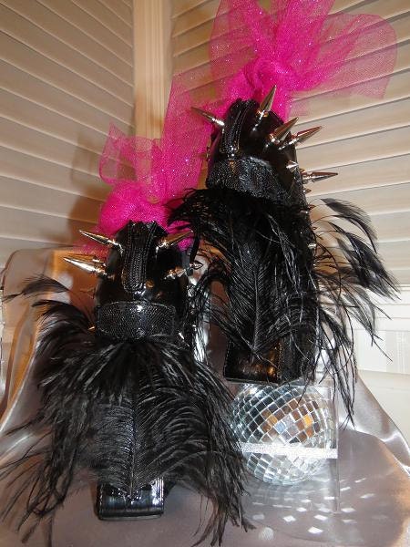 Heel Less Sculptured Platform Spiked  Women  Shoes/ Booties Black with Ostrich Feathers size 7..A SpikesByG Design