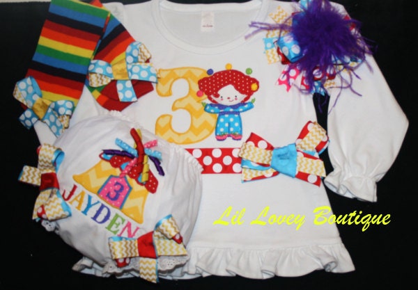 Personalized..."UNDER The BIG TOP" Birthday...... 4 Pc. Long Sleeve Ruffle T-shirt/Bloomers/Leg Warmers/Hair Bow For Baby Girl or Toddler