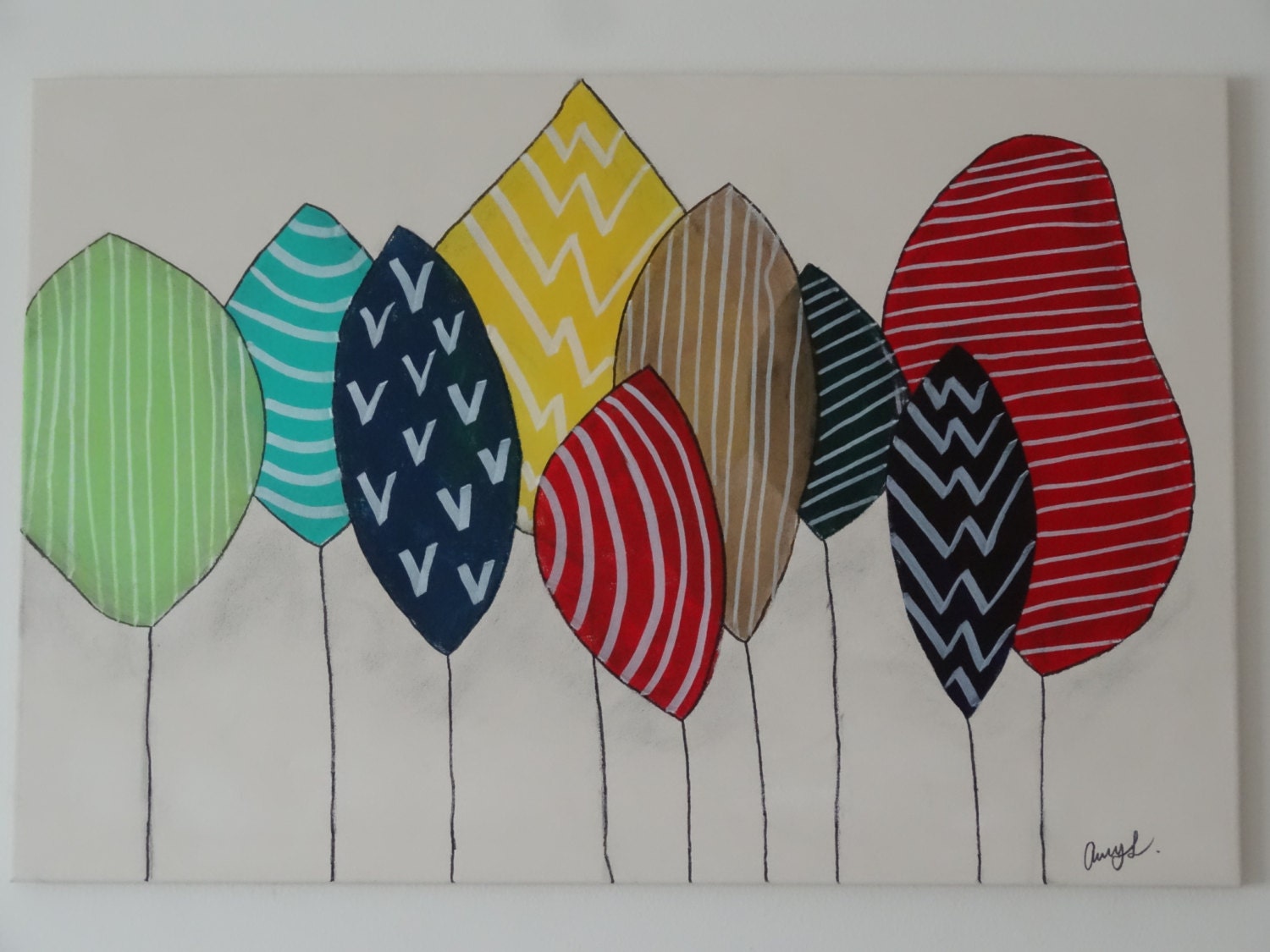 Colorful tree art inspired by Denmark, chevron pattern, geometric print, modern painting, mid century art, modern painting, abstract art