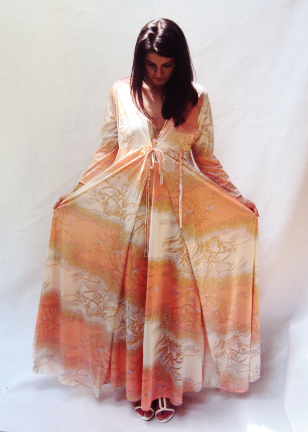 Vintage 70s Bohemian Slinky Floaty Lounging Dress Sm Med Goddess Gown Ombre Birds Print
