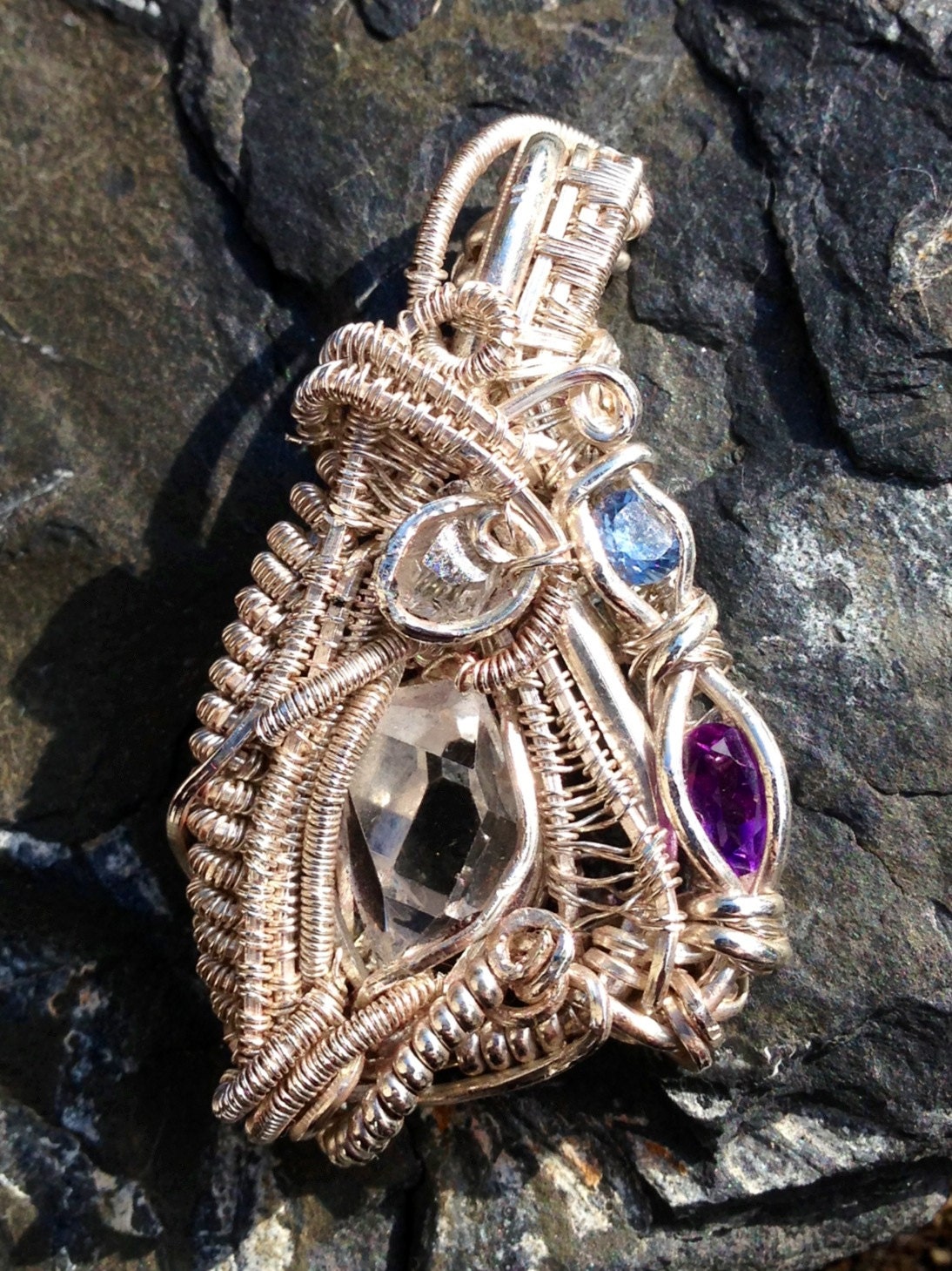 Sterling silver wire wrapped pendant with herkimer diamonds, amethyst and aquamarine