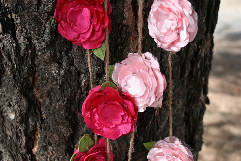Handmade Hot Pink and Light Pink Flower Garland on Brown Twine - Shabby Chic - Party Garland - Wedding Garland