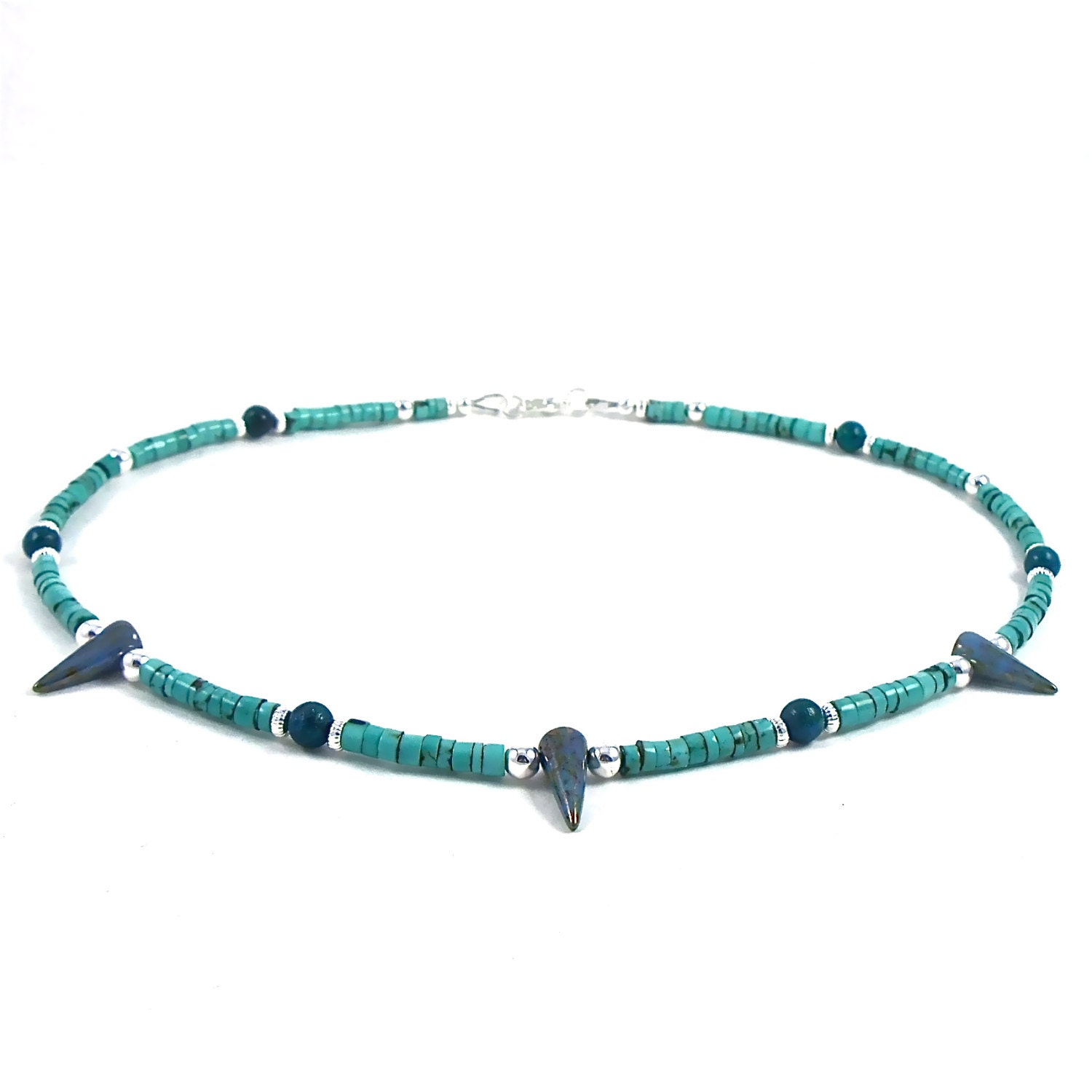 Beaded Necklace Teal Green Magnesite Heishi Beads Czech Glass Spike Australian Jasper