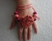 Crocheted flower bracelet/ necklace- coral pink and magenta - unique accessory -  statement bracelet