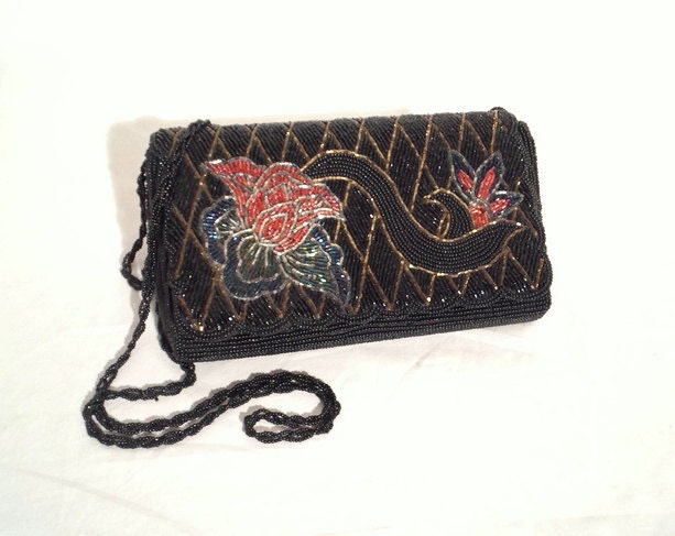Seed Bead Floral Embellished Clutch with Beaded Strap