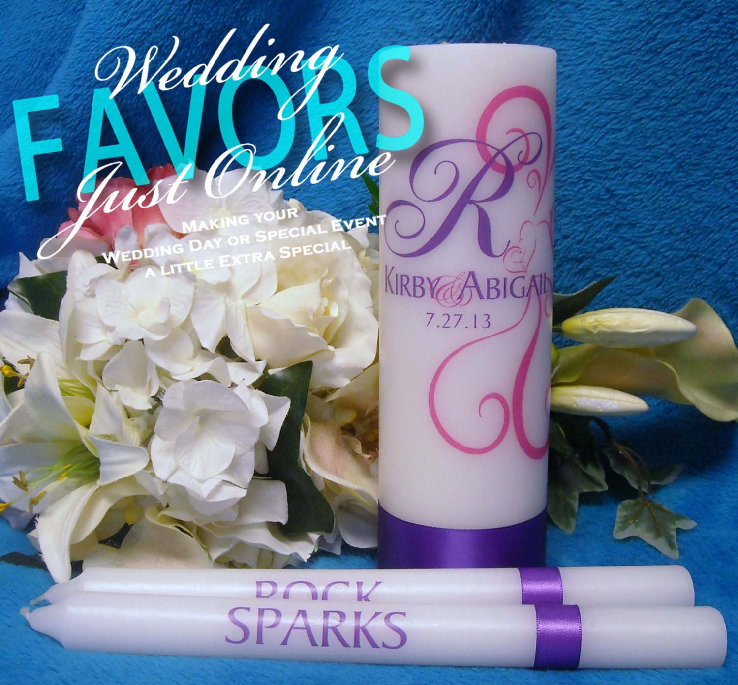 Unity Candle With Tapers Monogram/Heart Flourish Personalized - Your choice of color