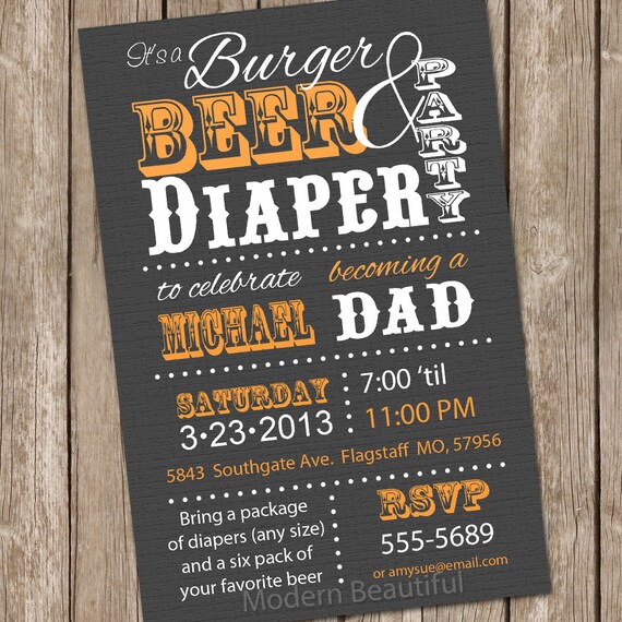 Burgers and Beer Diaper Baby Shower Invitation Grey and Orange Dad Diaper Invitation Party Printable Personalized Il_570xn