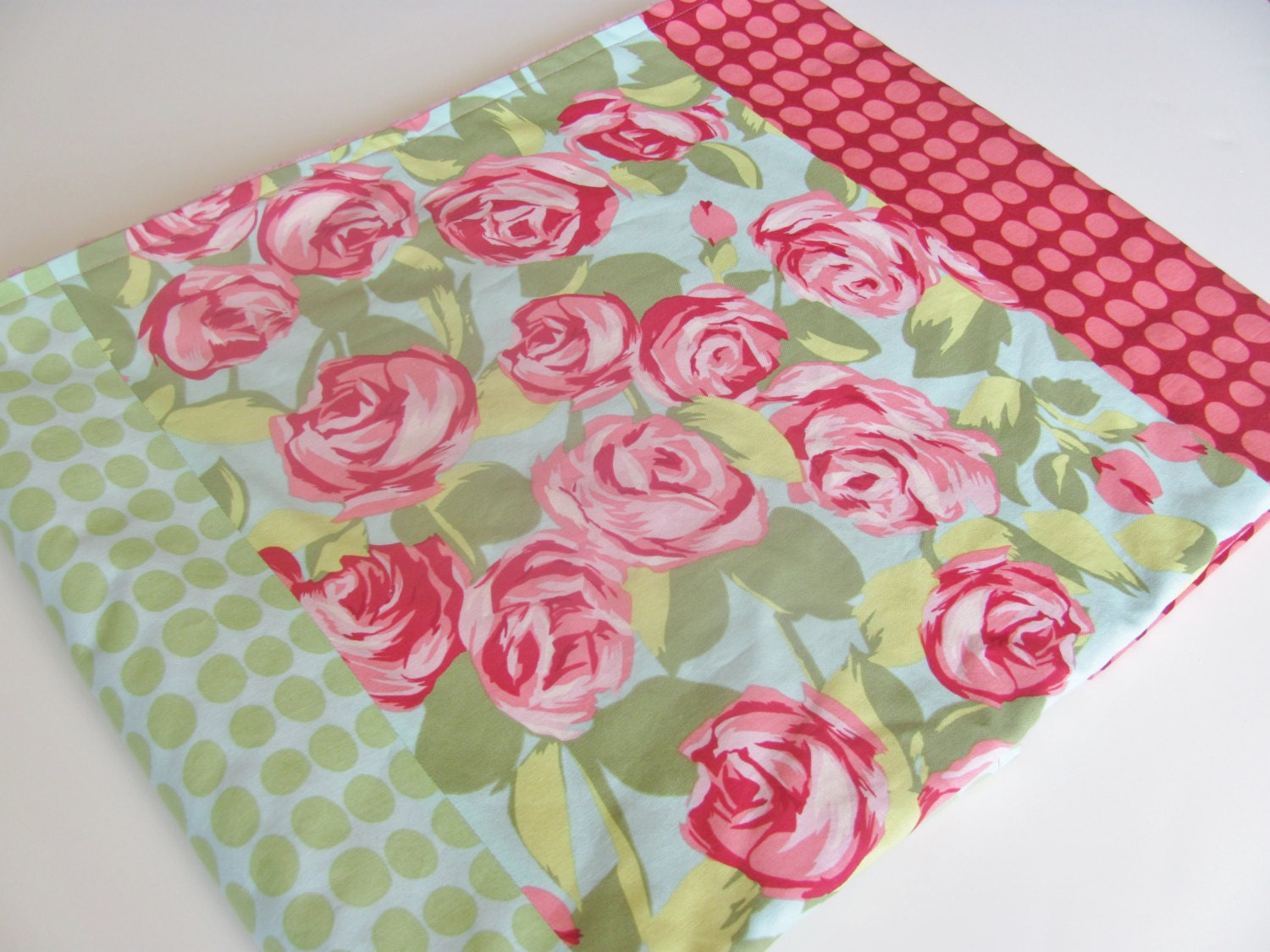 Baby Blanket, Amy Butler, Pink, Green, Blue, and Red, with Pink or Cream Minky Dot
