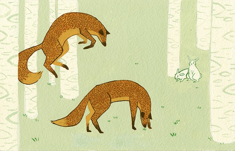 Wrong Focus Foxes Print 8x5"  Watercolour Gouache Illustration