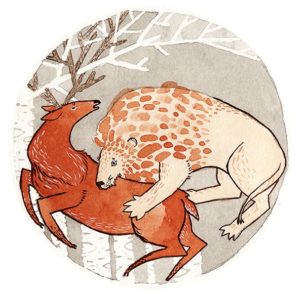 Aesop's Fables 'The Stag at the Pool' Watercolour Gouache Painting Illustration Giclee Art Print