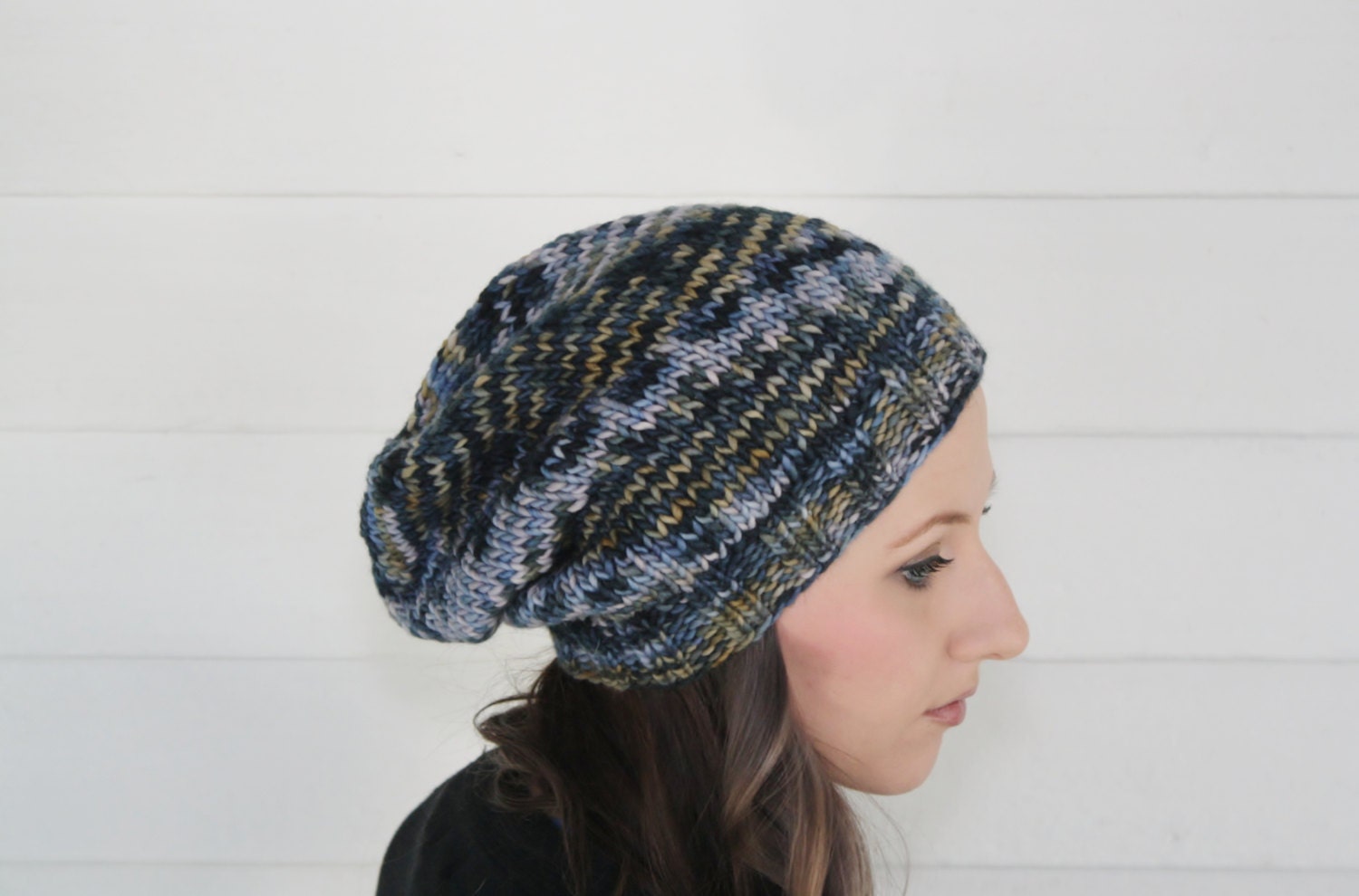 light Blue/ Gold / Navy Blue / White Slouchy Hand Knit Hipster Beanie