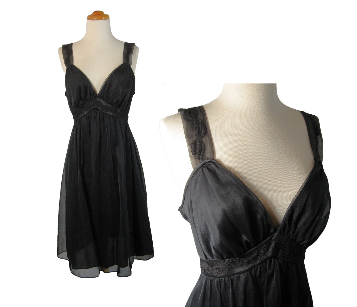 1960s Vintage Black Nightgown by GOTHAM / Chiffon Overlay / Lace Details