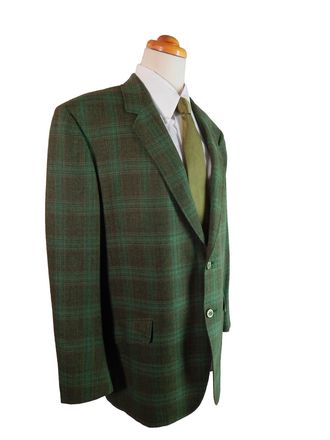 1960s Green Plaid Hopsack Sport Coat by WALTER MORTON for Capper & Capper.  Chest 45