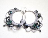 Crochet Gray Large Hoop Dangle Fiber Beaded Earrings