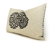 Flower pillow - Floral pillow cover - Botanical print - Black flower on natural beige canvas with geometric back - 12x18 lumbar pillow case
