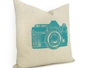 Camera pillow case - Natural beige pillow cover with a turquoise camera print - Industrial 16x16 decorative pillow cover - Modern home decor