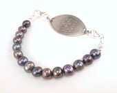 Beaded Medical ID Bracelet Replacement, Freshwater Pearl, Medic Alert Attachment, Sterling Silver , Purple, Blue Gray