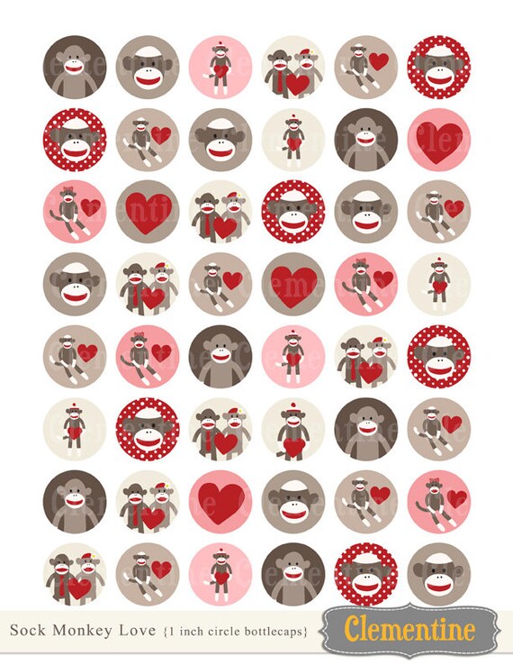 40% OFF SALE -Sock Monkey bottle cap images, bottlecap images, one inch circles - royalty-free, digital collage sheet- Instant Download Il_570xn