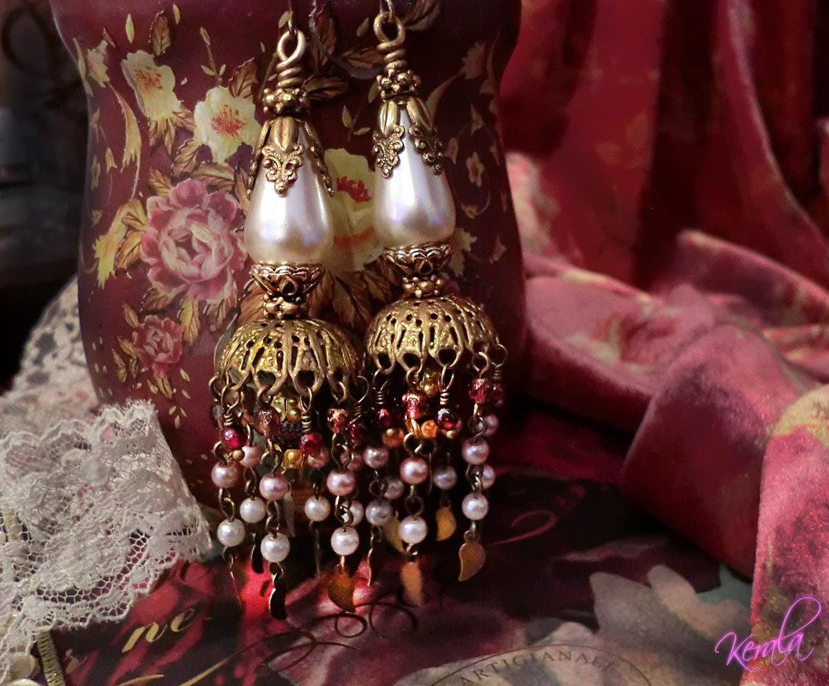 Garnet and Pearl Vintage Brass Filigree Dangle Earrings- East Indian Jhumka Earrings, Ornate, Mauve, Traditional, Antique- MTO