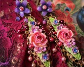 Long Pink Rose and Violet Beaded Pearl Earrings, Colorful Pink and Purple Floral Earrings, Unique Jewelry, Rainbow Fantasy Earrings