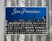Skyline Poster. SAN FRANCISCO Art. Typography Print . Black and Blue. Travel Art. Giclee. Vintage Look. Size - 12x18