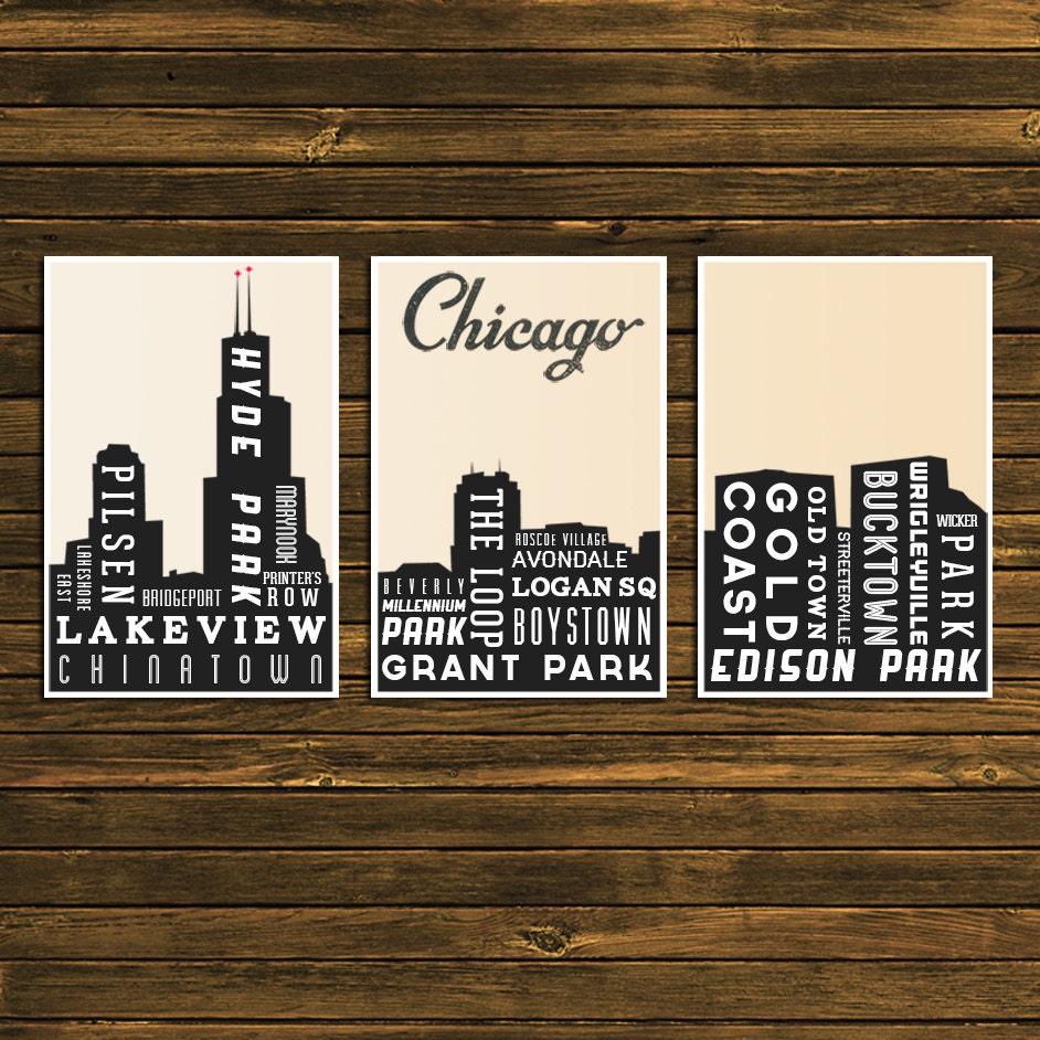 Skyline Poster. CHICAGO Art Triptych. Typography Print . Black and White. Travel Art. Giclee. Vintage Look. Set of 3 - 12x18