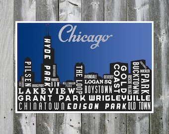 CHICAGO Skyline Poster. Neighborhood Print. Digital Art. Giclee. Travel Poster. Typographic Print. Blue and Black. 12x18